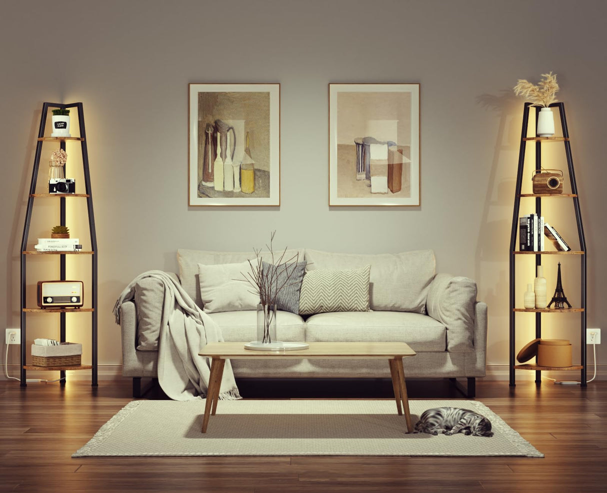 Furnulem 5 Tier Corner Shelf with LED Light, 67.2” Tall Standing Shelf for Wall Corner, Narrow Bookshelf Ladder Shelf for Bedroom, Living Room, Plant, Wood Storage Rack, Metal Frame (Rustic Brown) Furnulem