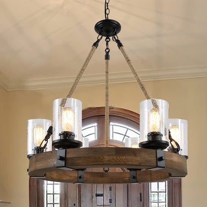 Rustic 6 Light Wagon Wheel Chandelier, Round Wood Pendant Light with Seeded Glass Shade, Farmhouse Chandeliers for Dining Room Kitchen Island Foyer Entryway