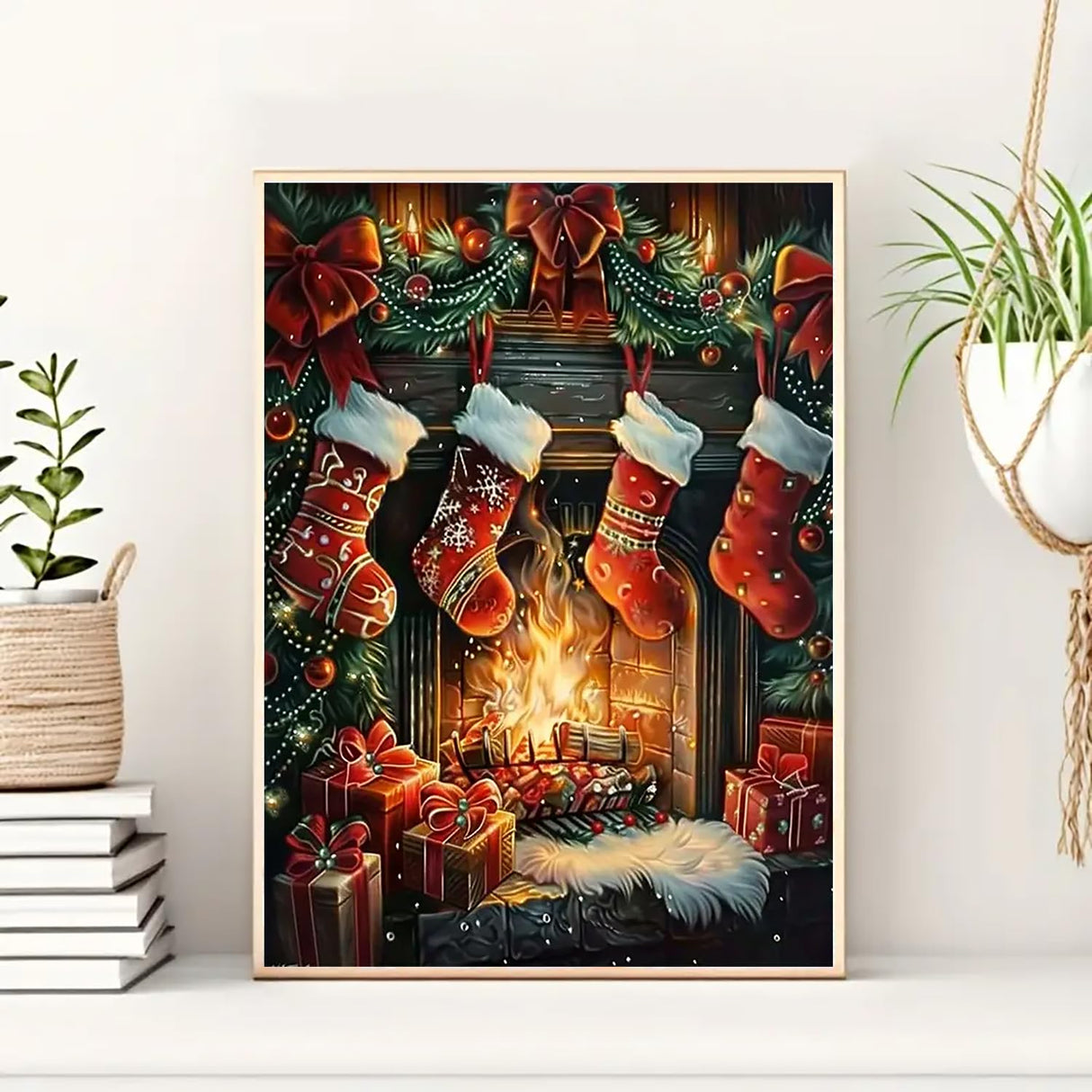 Christmas Fireplace Stocking Diamond Art Kits for Adults, 5D Diamond Painting Kits for Adults Beginners, DIY Full Round Drill Diamond Dot Painting Gem Art Kits for Adult,Home Wall Decor 11.8x15.7 Inch VCLKDIY