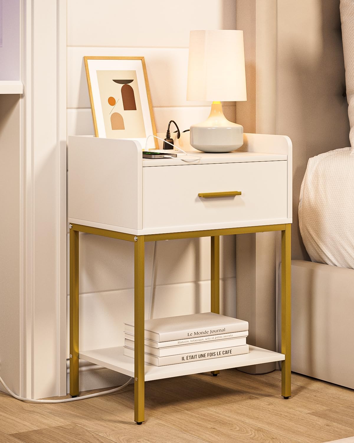 Aienvey Nightstand with Charging Station,Bedside Table with Drawer and 2 Shelf Storage, Small Side Table, Modern White Night Stand, Tall End Table for Bedroom, Living Room Aienvey