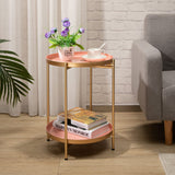 HollyHOME 2-Tier Round Gold Side Table, Outdoor Small Folding Accent Stand with Removable Tray, Anti-Rust Metal Asional Table for Balcony Patio Living Room, Nightstand for Bedroom(Gold&Pink) HollyHOME