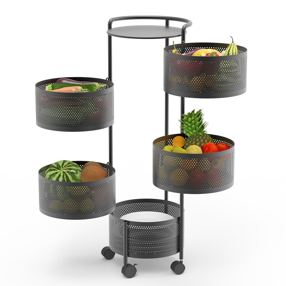 JAQ Rotating Fruit Basket, 5-Tier Metal Sturdy Kitchen Storage Rack Shelf Carts No Assembly on Rolling Wheels for Fruit Vegetable Grocery Corns Potato Onion (5-Tier, Black) JAQ