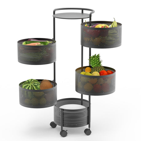 JAQ Rotating Fruit Basket, 5-Tier Metal Sturdy Kitchen Storage Rack Shelf Carts No Assembly on Rolling Wheels for Fruit Vegetable Grocery Corns Potato Onion (5-Tier, Black) JAQ