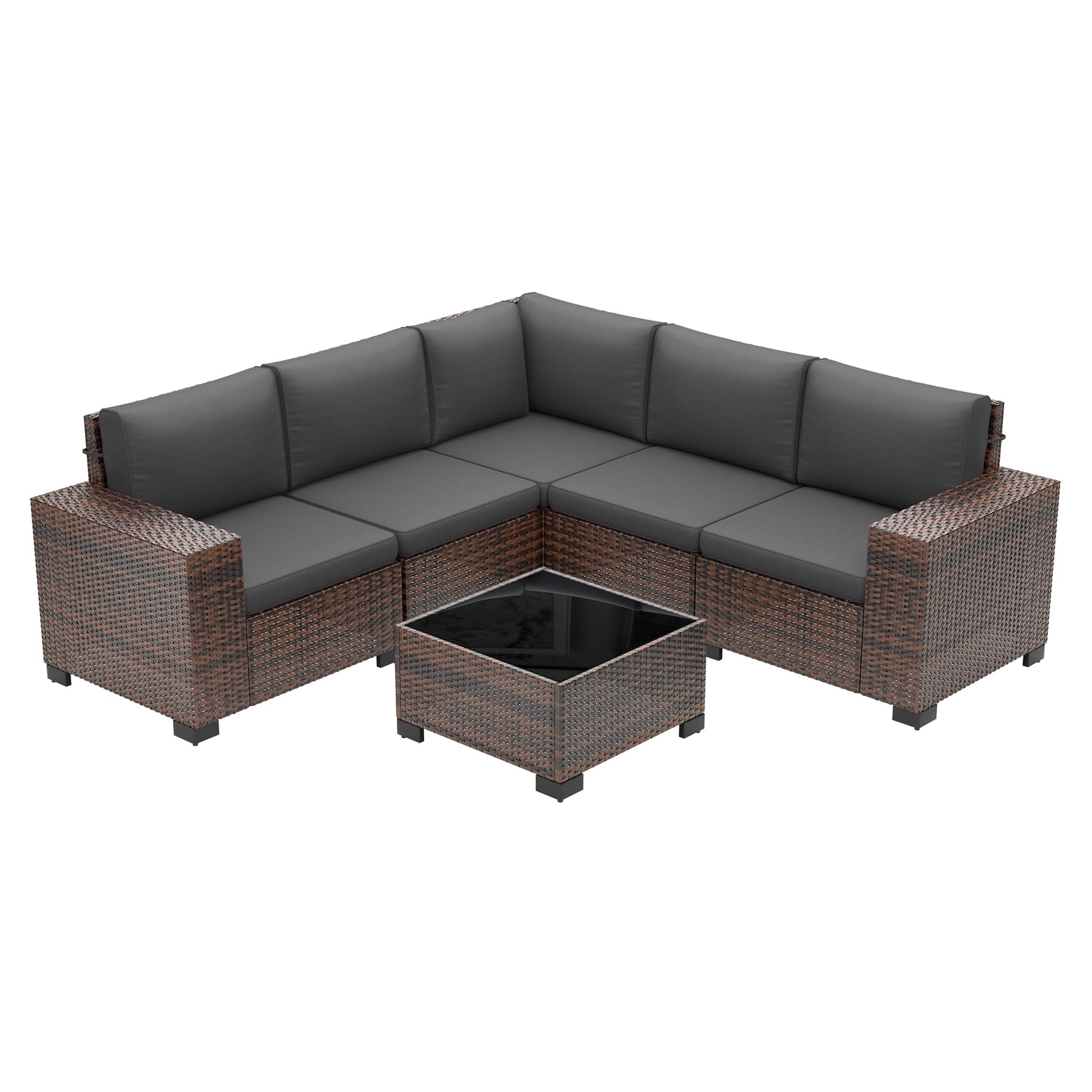 Amopatio Outdoor Sectional Furniture Set 6-Piece Brown Rattan Wicker Conversation Sofa Set with Glass Top Table and Waterproof Covers,Grey Cushions - WoodArtSupply