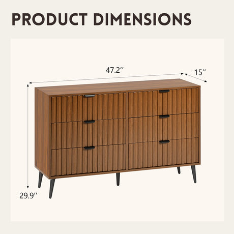 Furnivado Fluted Dresser for Bedroom with 6 Drawers, 47'' Wide Modern Dresser with Metal Handle, Natural Wood Dressers Organizer with Blister Drawers for Bedroom, Brown Furnivado
