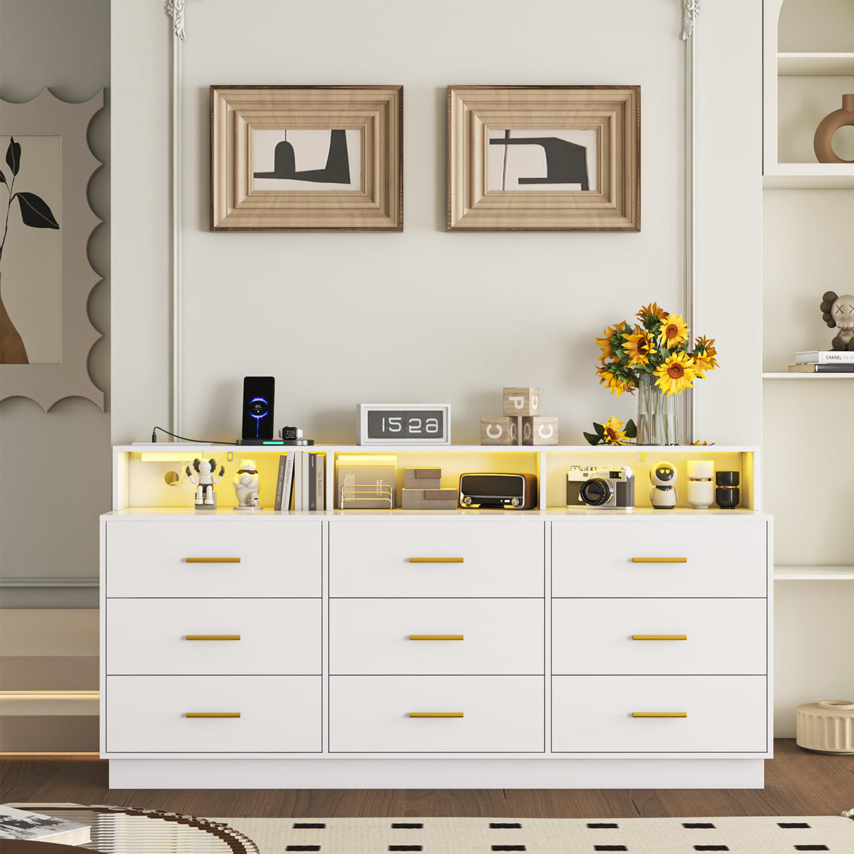 knoworld White 9 Drawer Dressers for Bedroom, Modern Large Dresser with LED Light and Power Outlet, Wooden Long Dresser, Triple Dresser for Bedroom, Living Room, Entryway, Hallway knoworld