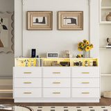 knoworld White 9 Drawer Dressers for Bedroom, Modern Large Dresser with LED Light and Power Outlet, Wooden Long Dresser, Triple Dresser for Bedroom, Living Room, Entryway, Hallway knoworld