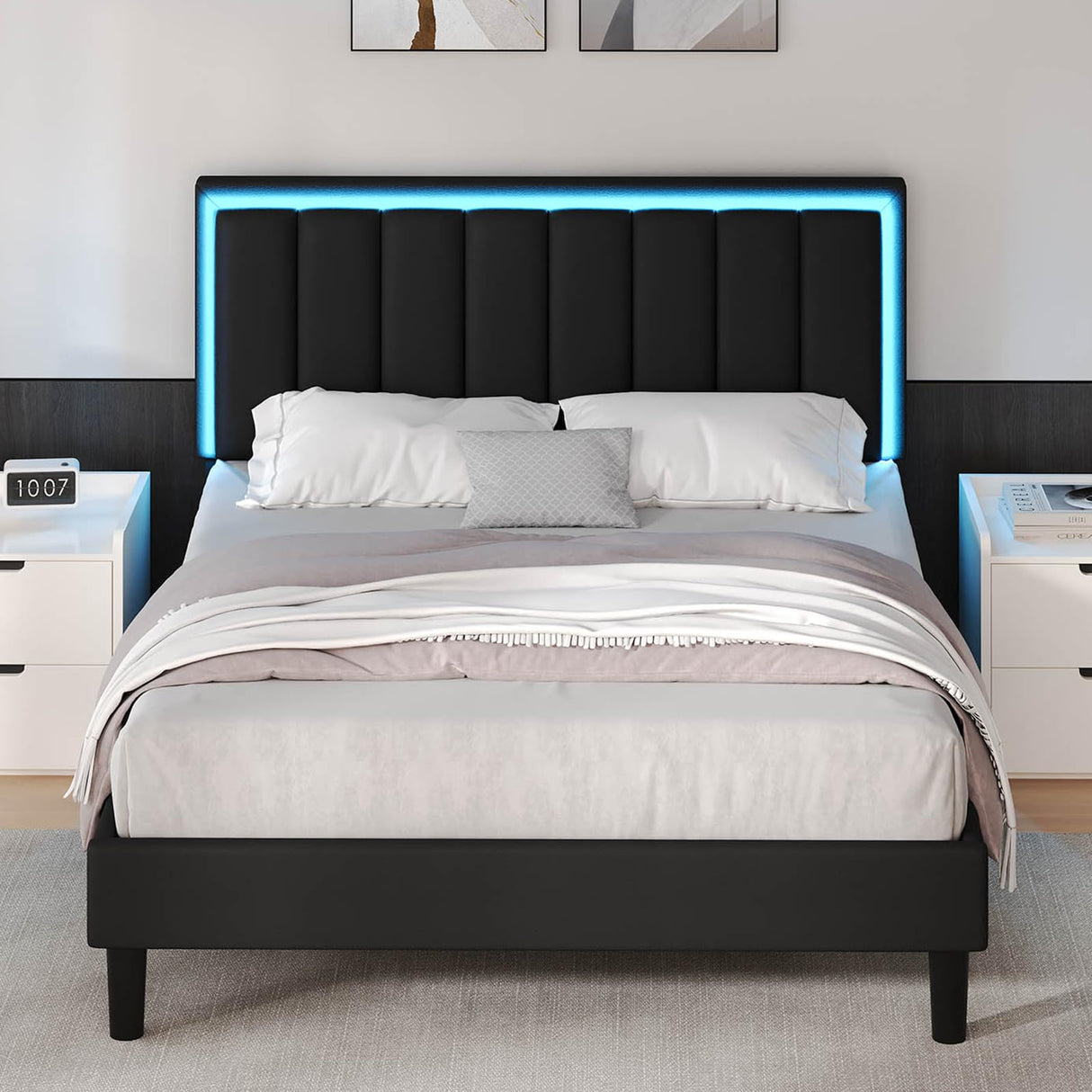 IMMERSTABLE Queen Bed Frame with LED Lights, Upholstered Bed Frame Queen Size with Headboard, Heavy Duty Wood and Metal Slats Support, Noise-Free, No Box Spring Needed, Easy Assembly, Black IMMERSTABLE