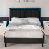 IMMERSTABLE Queen Bed Frame with LED Lights, Upholstered Bed Frame Queen Size with Headboard, Heavy Duty Wood and Metal Slats Support, Noise-Free, No Box Spring Needed, Easy Assembly, Black IMMERSTABLE