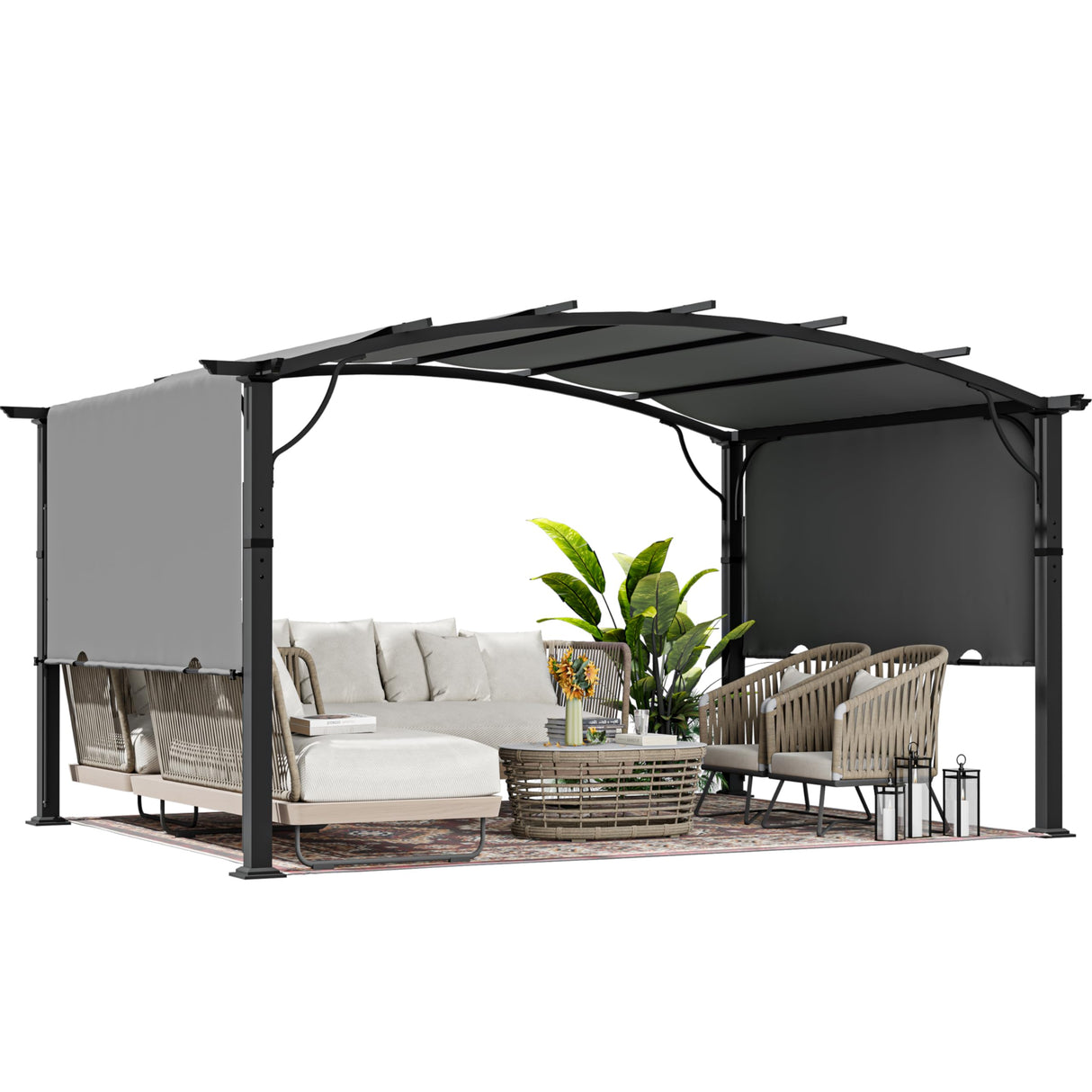 HAPPATIO 10' x13' Outdoor Arched Patio Pergola, Outdoor Retractable Pergola with Sun Shade Canopy, Aluminum Frame with Canopy Fixed in Various Positions for Gardens, Patios, Backyards (Grey) HAPPATIO