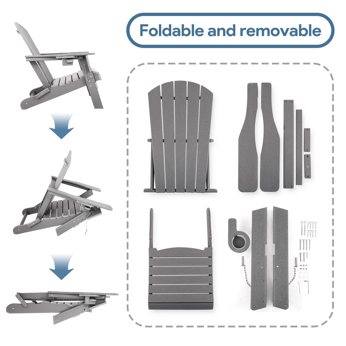 Plawdlik Folding Adirondack Chair, SGS Tested, Wooden Textured with Cup Holder, Heavy All-Weather HDPE Comfortable Set Poolside Backyard Lawn Grey set 2 Plawdlik