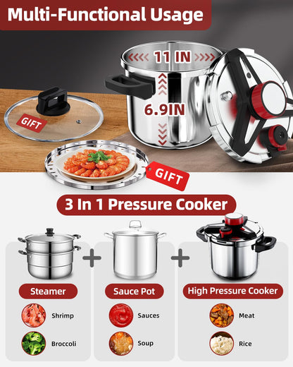 3-In-1 304 Stainless Steel Pressure Cooker 10 QT: [Explosion-Proof] [3 PSI Settings], One-Hand Locking, Induction Compatible, Glass Lid & Steamer Rack Included, Olla de Presion