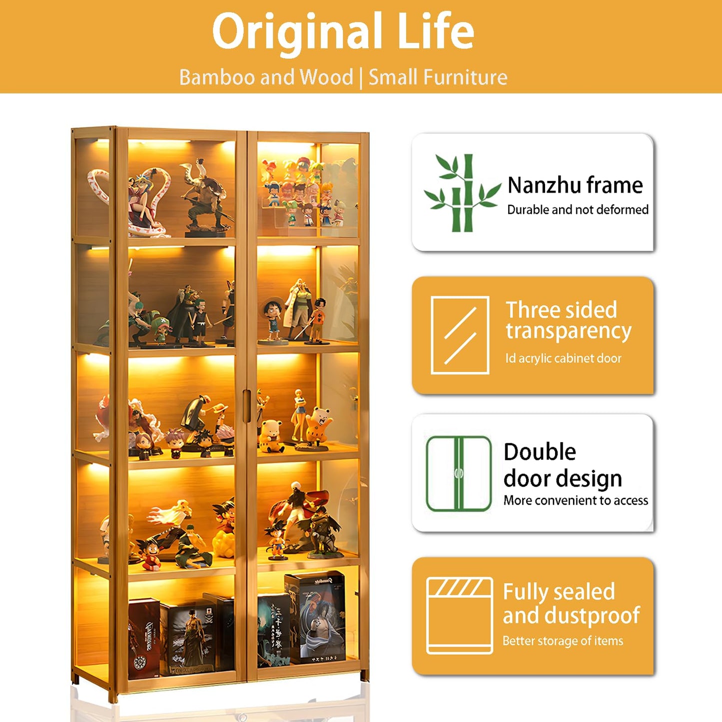 5-Tier Curio Display Cabinet, Storage Shelves with Acrylic Door, Collectibles Toy Organizers Rack & Display Shelf, Display Case for Playroom Bedroom Toddler's Room Kids Bookcase (Wooden doubl - WoodArtSupply