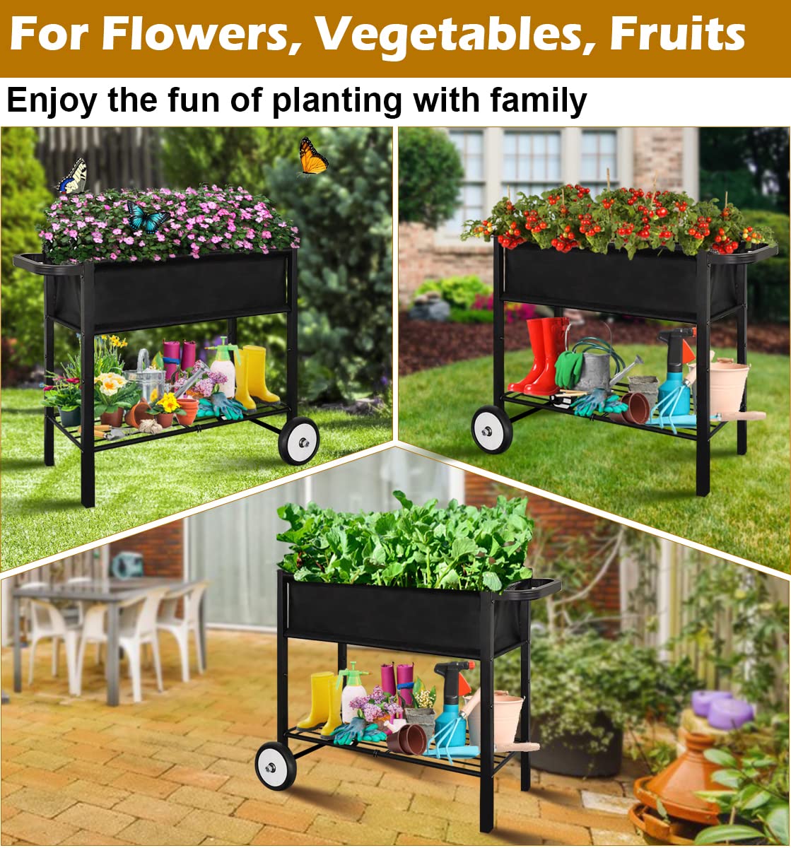 Koutemie Outdoor Raised Planter Bed Box with Legs for Gardening, Elevated DIY Garden Cart on Wheels for Vegetables Flower Tomato Herb Plant, Black Koutemie
