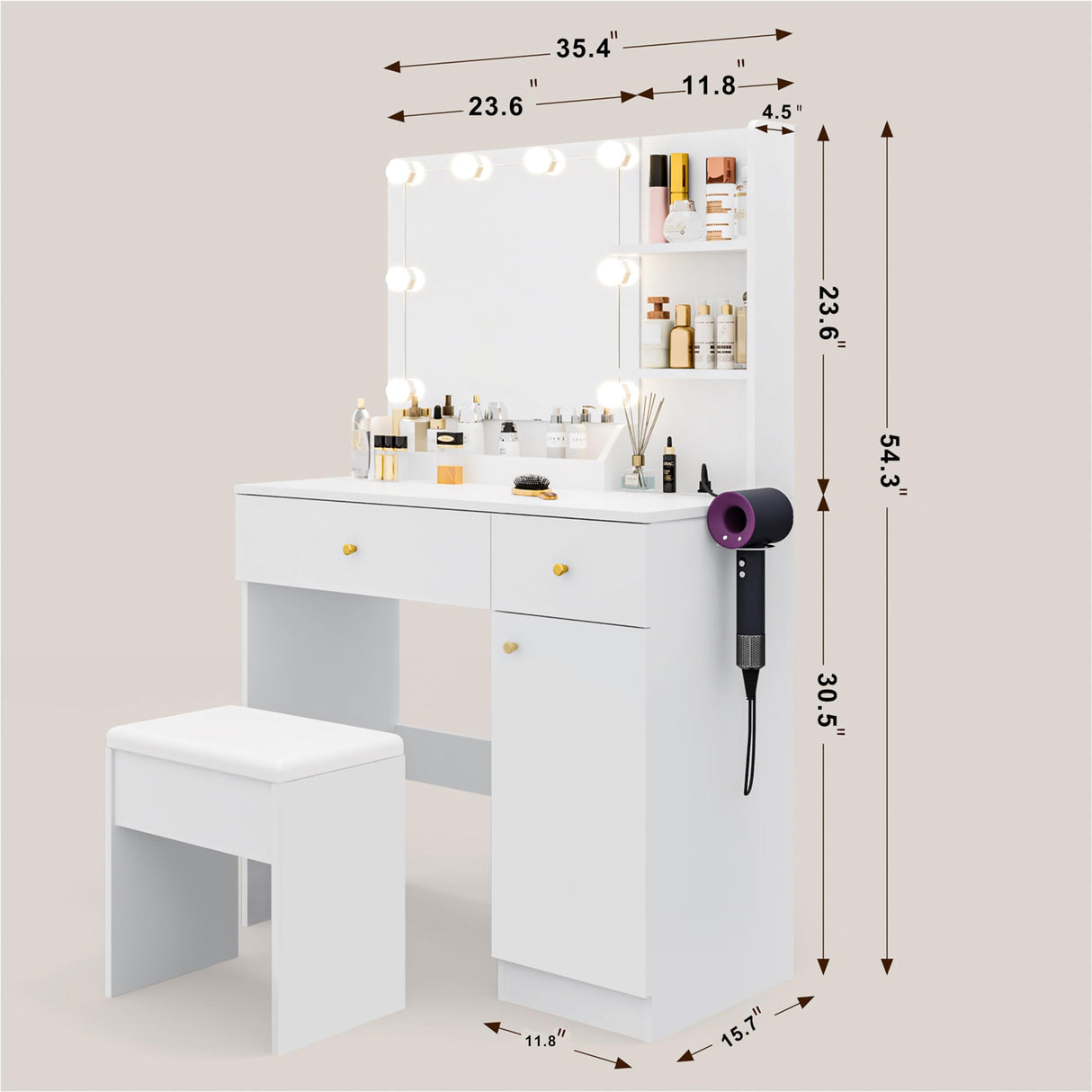 Yegosh Vanity Desk with Mirror and Lights Dimmable LED Makeup Vanity Table with Drawers Side Cabinet 3 Storage Shelves Power Outlet Dressing Table Set include Holder Cushioned Stool for Bedroom(white) Yegosh