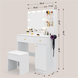 Yegosh Vanity Desk with Mirror and Lights Dimmable LED Makeup Vanity Table with Drawers Side Cabinet 3 Storage Shelves Power Outlet Dressing Table Set include Holder Cushioned Stool for Bedroom(white) Yegosh