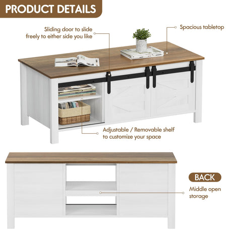 JUMMICO Farmhouse Coffee Table with Storage & Sliding Barn Doors, Modern Rustic Living Room Table with Adjustable Shelves, Wooden Rustic Center Table for Living Room (Antique White) JUMMICO