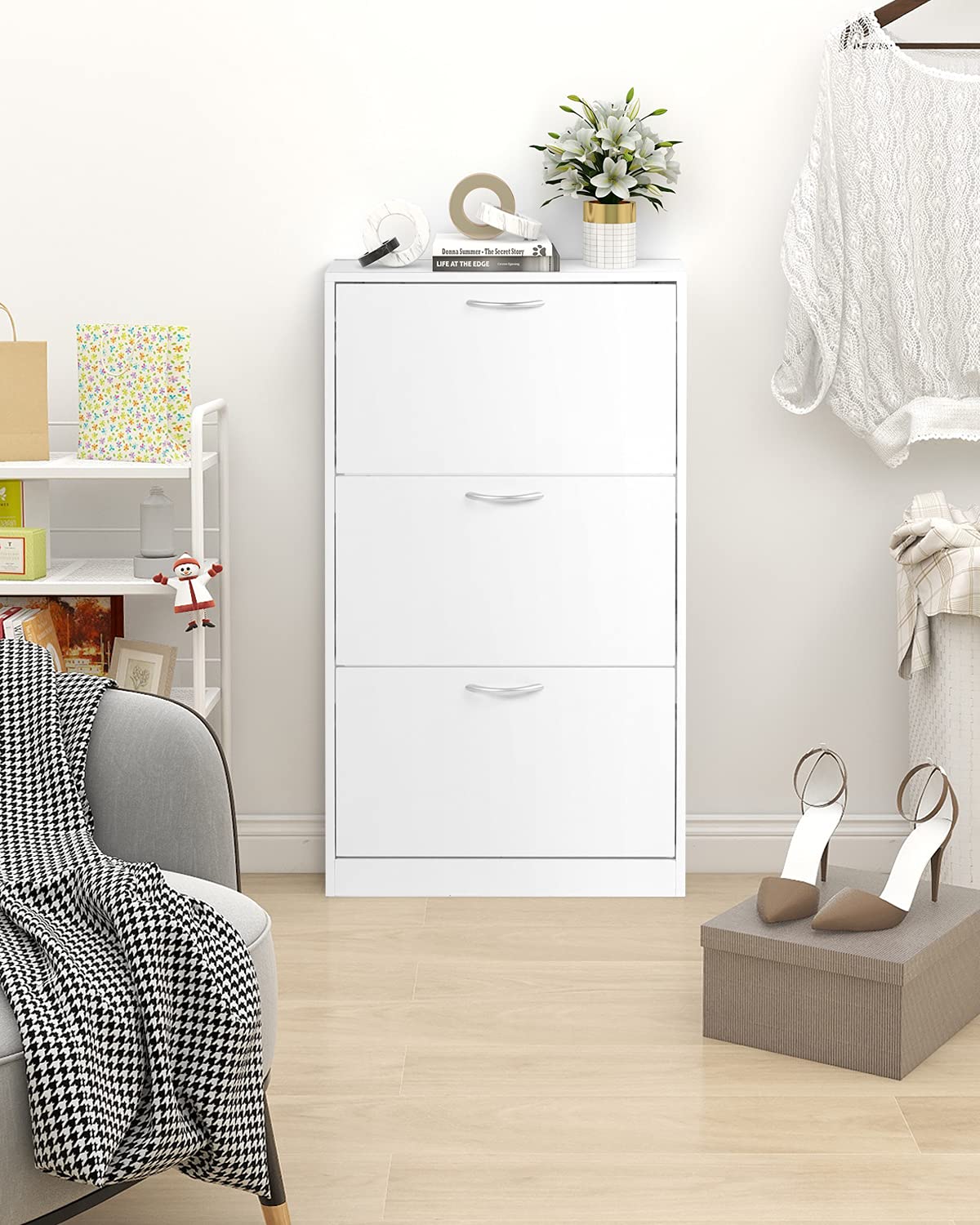 HOPUBUY Shoe Cabinet for Entryway, White Narrow Shoe Storage Cabinet Flip Down Shoe Rack Wood 3 Tier Shoe Organizer for Home and Apartment HOPUBUY