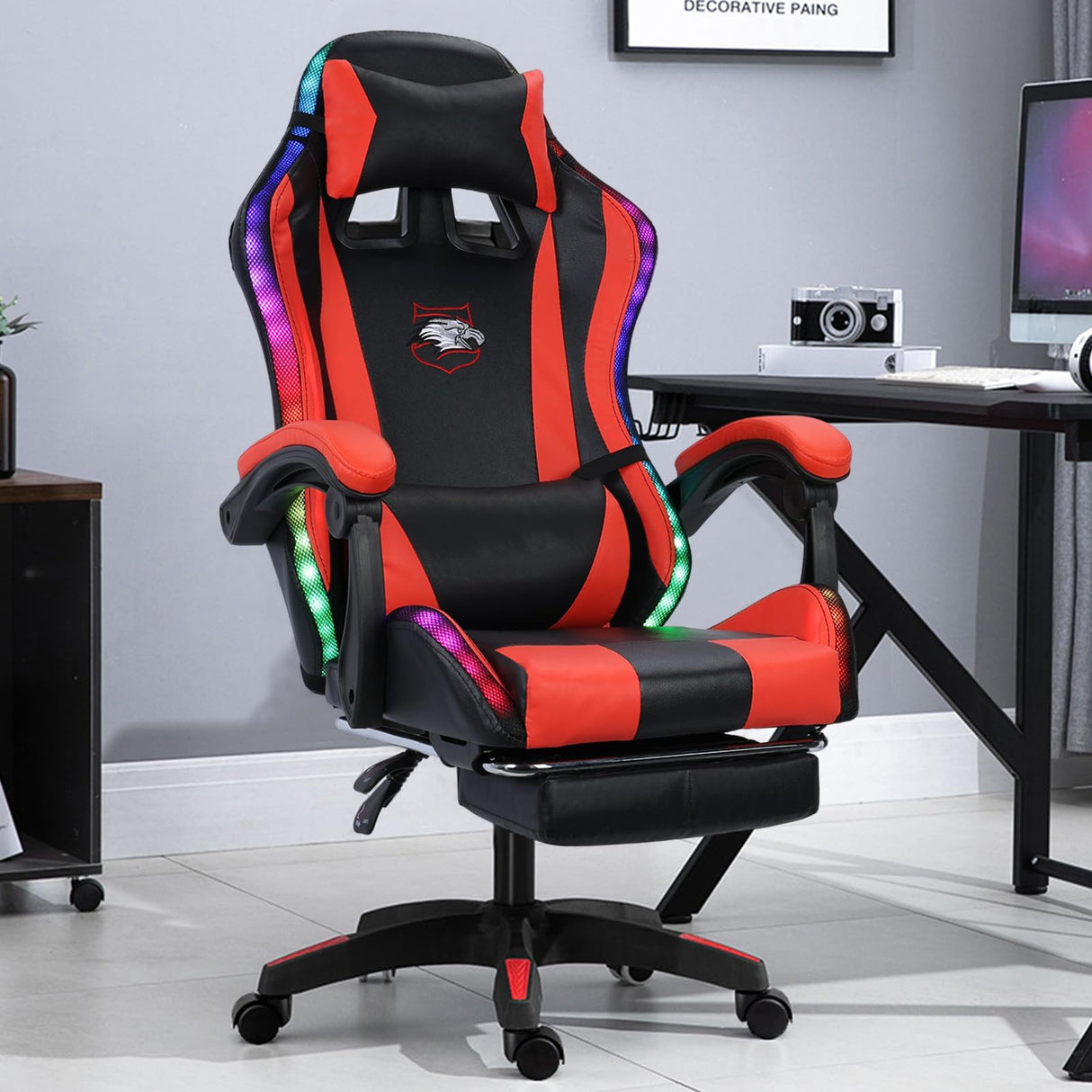 Ergonomic Gaming Chair with Footrest, Speakers Video Game Chairs with Bluetooth Music and LED RGB Lights, Computer Office Desk Chair, Massage Lumbar Support,400lb Capacity (Black & Red) GIFZES