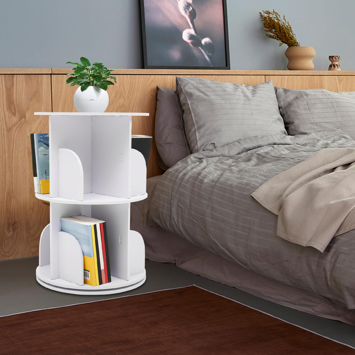 DDBESSIC 2-Tier 360° Rotating Bookshelf Tower for Small Spaces - White Display Shelf DDBESSIC