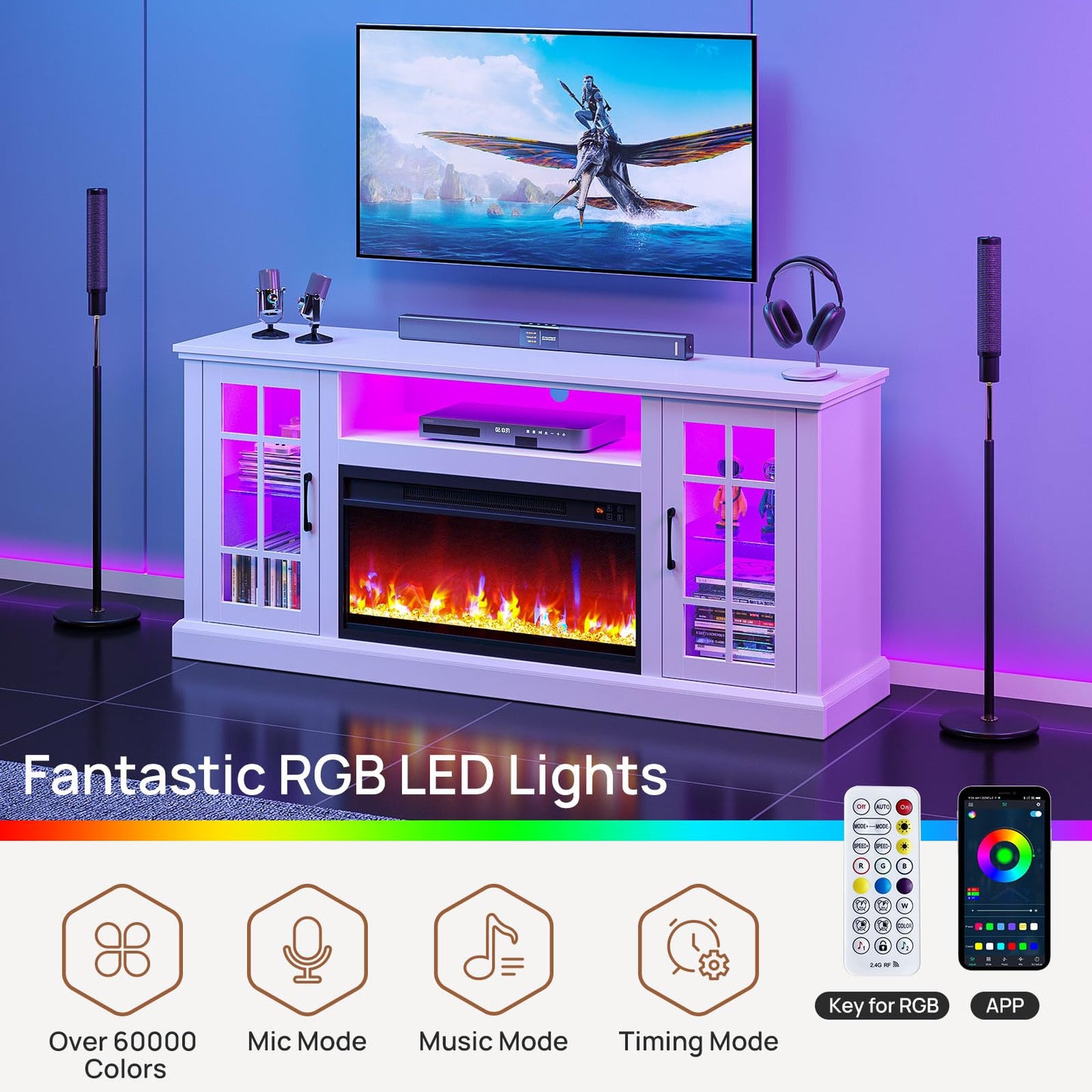 Rolanstar Fireplace TV Stand with Led and Power Outlets, White Entertainment Center with 26" Electric Fireplace for 45/50/55/60/65 inch TVs, Modern TV Console with Storage Cabinet for Living Room