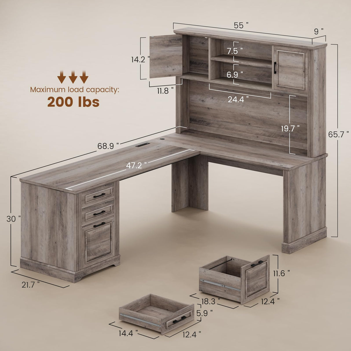 Itaar Farmhouse Executive L Shaped Desk, Home Office Desk with File Drawer and Power Outlet, Computer Corner Desk with Hutch and Drawer, Workstation for Office Home, Grey Itaar