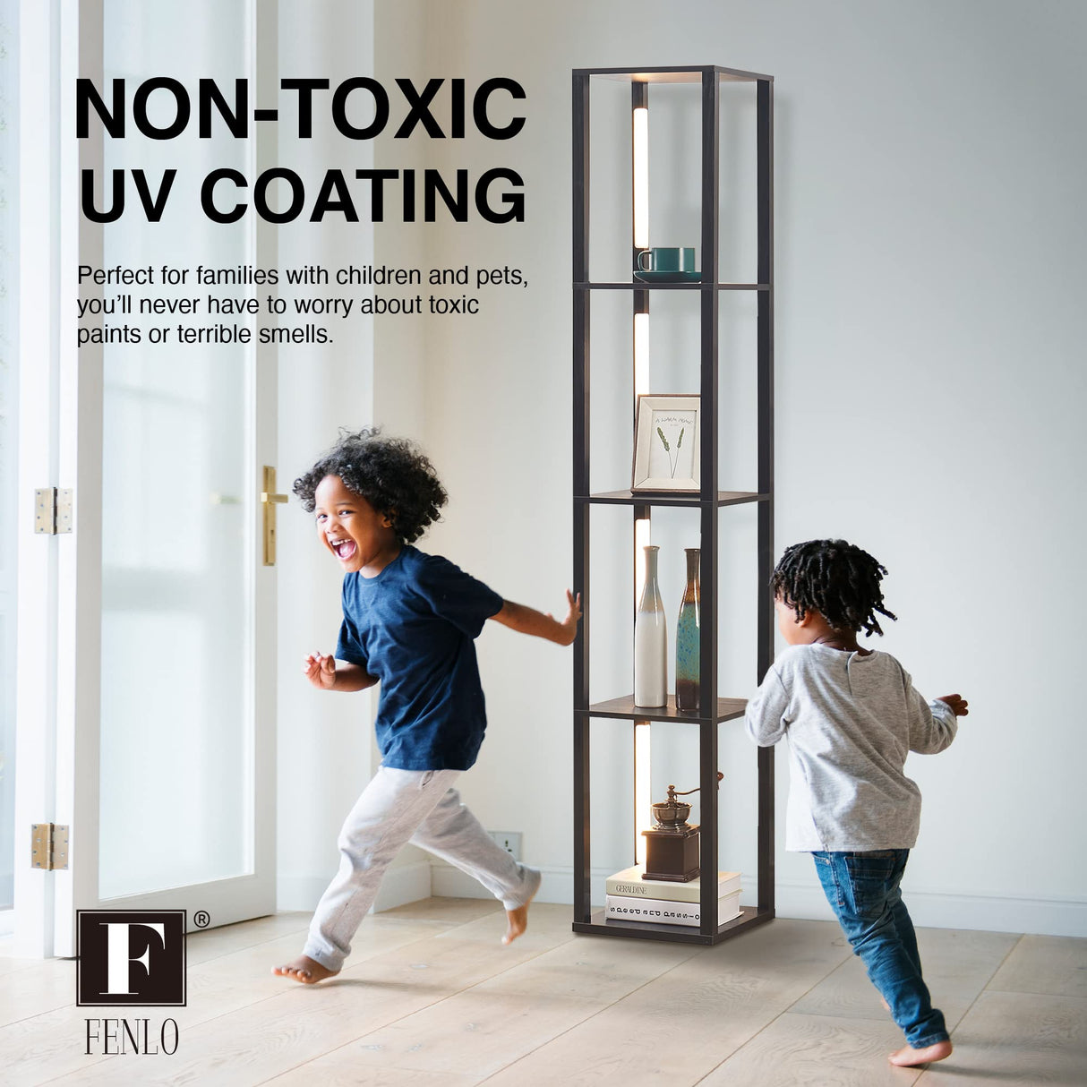 FENLO Fancy - 64" Display Shelf with Lights, LED Shelf Floor Lamps for Living Room, Sturdy Corner Shelf Curio Cabinet Display, Tall Floor Lamps with FENLO