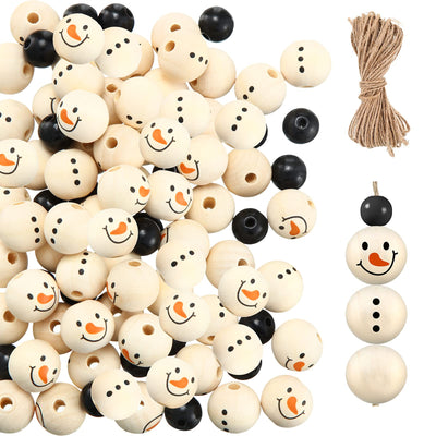 Queekay 160 Pcs Christmas Wooden Beads Snowman Wood Polished Rustic Farmhouse Craft with 32.8 Feet Rope for Xmas DIY Craft Supplies Wooden Beads for Gifts(Bead Style,Black and Wood)