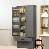 FJTJBSI 72" LED Kitchen Pantry Cabinet with 3 Drawers Farmhouse Tall Storage Cabinet Wood Food Pantry with Barn Doors and Adjustable Shelves Versatile Storage Freestanding Cupboard for Kitchen FJTJBSI