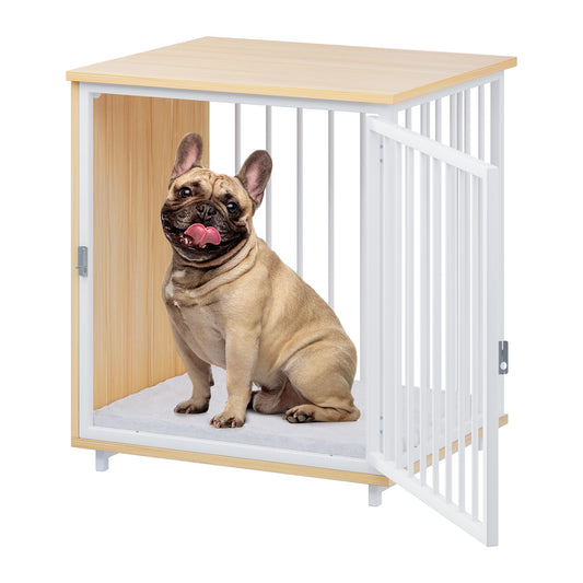 YITAHOME Medium Dog Crate Furniture, 28.5" Wooden Dog Kennel End Table with Metal Mesh, Indoor Dog House Dog Cage for Medium Small Dogs, Walnut Color