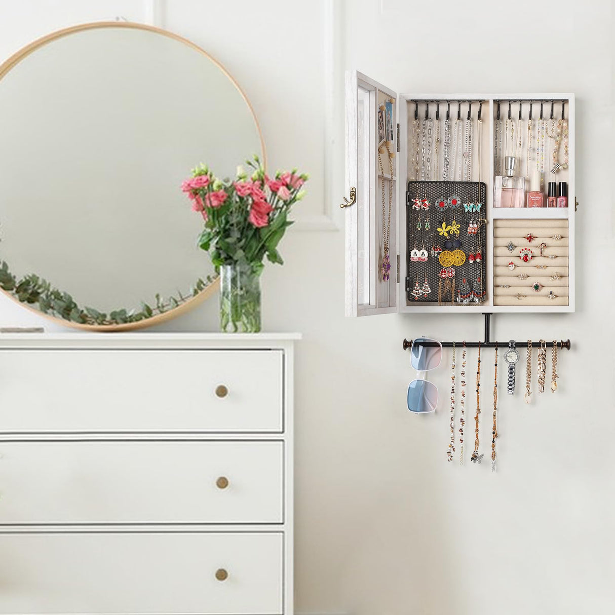Keebofly Wall Mounted Jewelry Organizer With Rustic Wood Large Space Jewelry Cabinet, Holder, Storage Box for Necklaces, Earrings, Bracelets, Ring Holder, and Accessories White Keebofly
