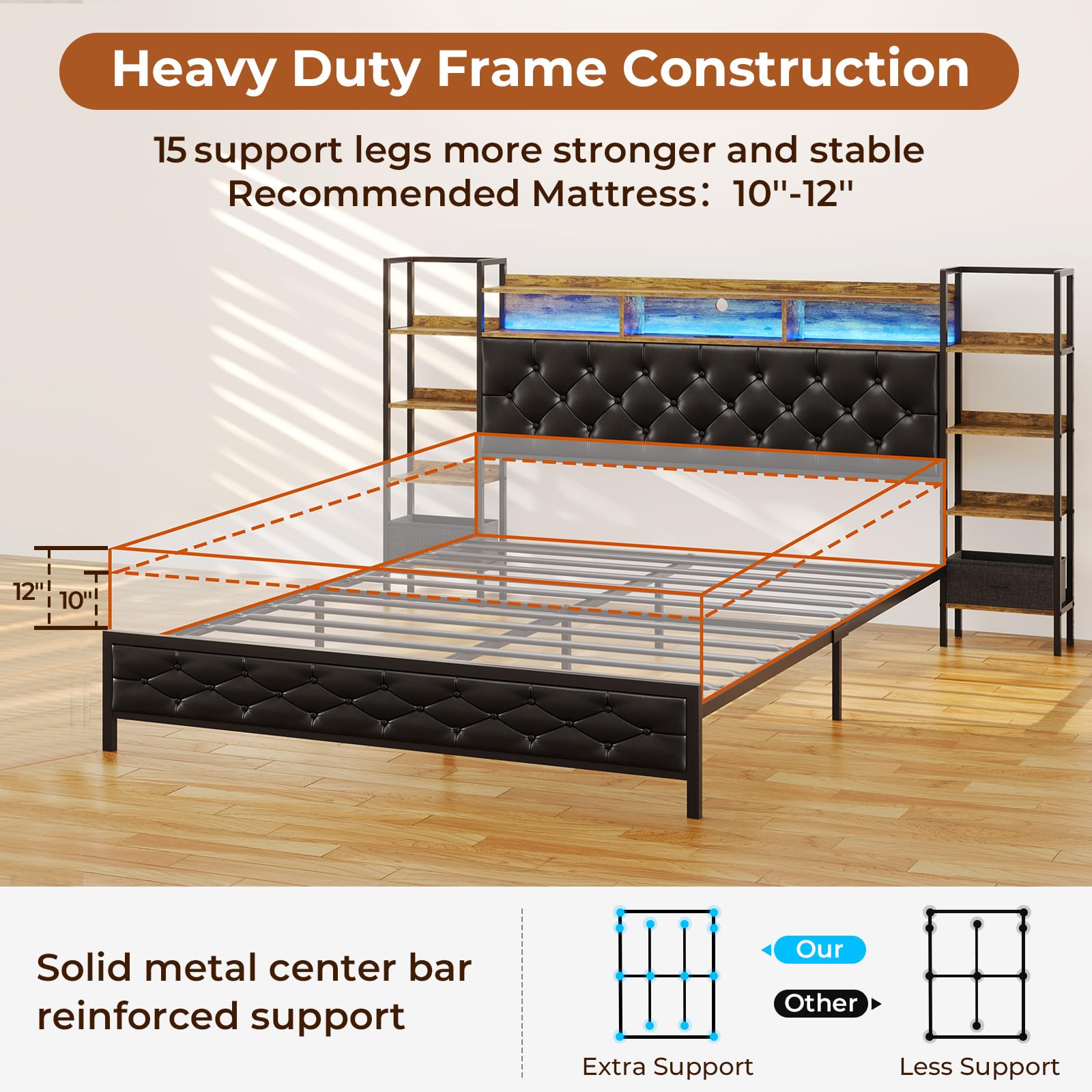 Modern DICTAC Queen Metal Platform Bed Frame with Storage Headboard, LED Lights & Charging Station in Black - WoodArtSupply