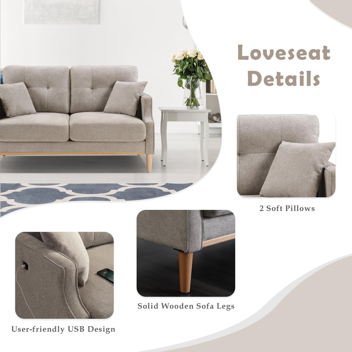 SoarTalent 56.7" Loveseat Sofa Small Couch Fabric Upholstered 2-Seat Sofa with USB Port for Small Place, Apartment, Living Room,Office(Light Grey) SoarTalent