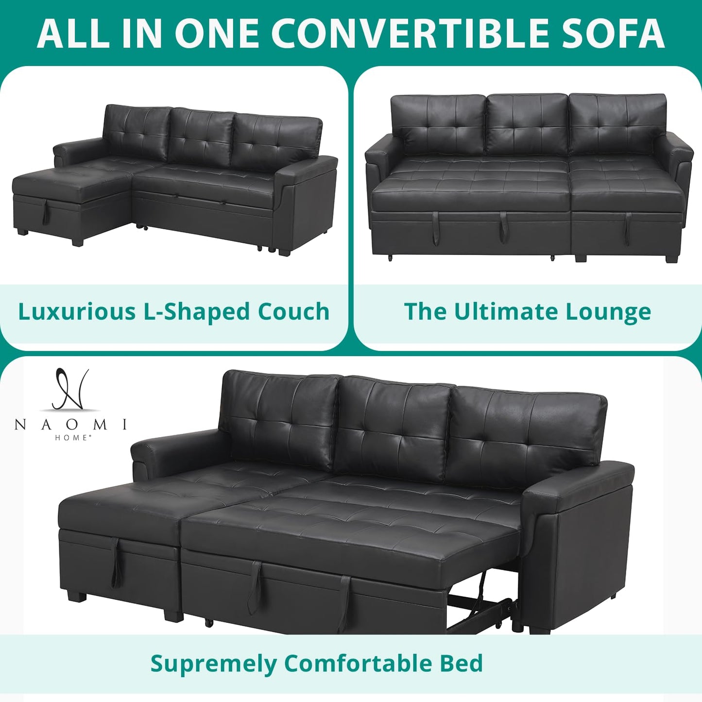 Naomi Home Jenny Sectional Sofa Sleeper with Storage Chaise, Tufted Pull Out Couch with Storage, Sectional Sofa Bed, L-Shaped Reversible Sleeper Sofa with Storage, Black,Air Leather