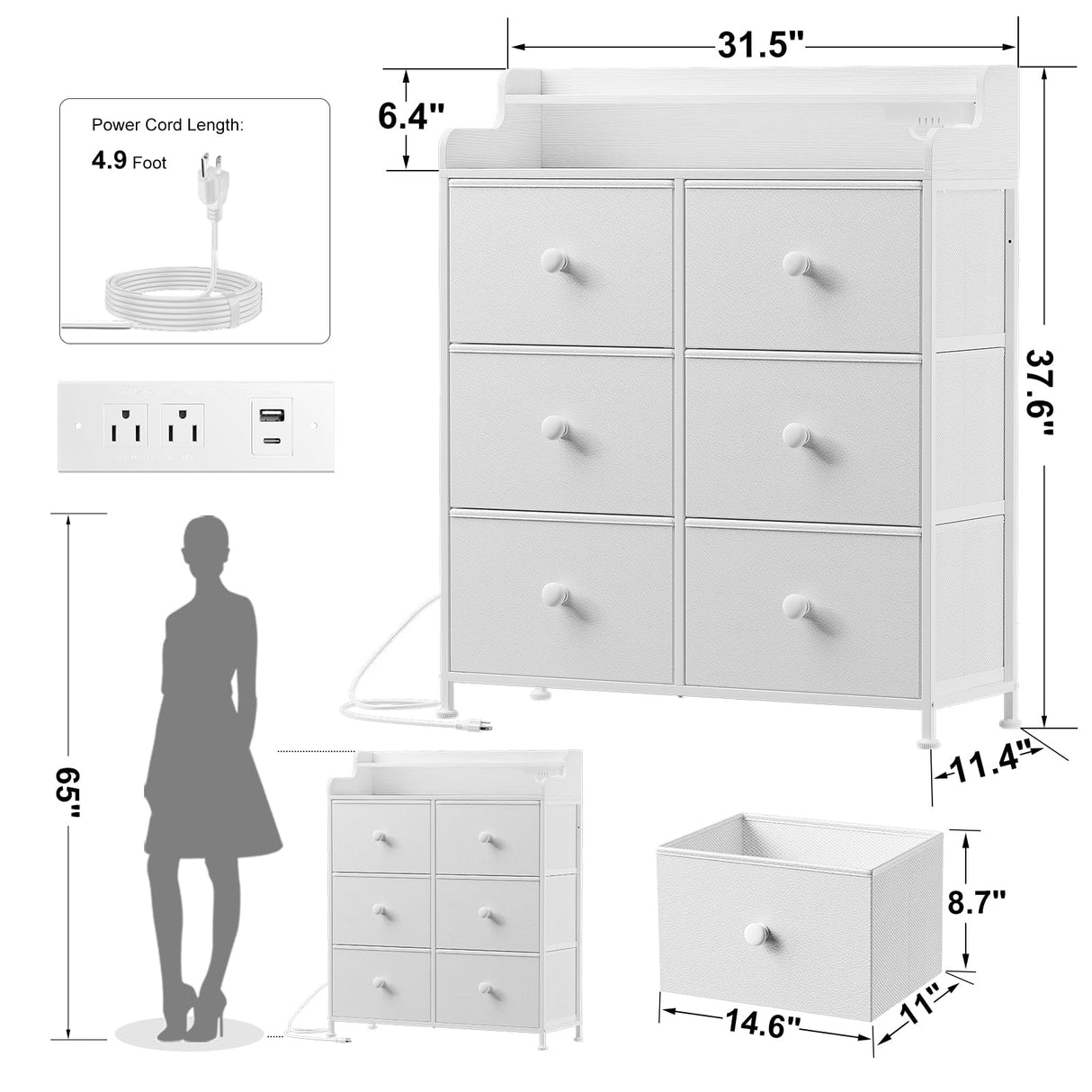 REAHOME Dresser for Bedroom with Charging Station and LED Lights, 6 Drawers Dresser TV Stand with Wooden Top, Tall Fabric Chest of Drawer with Sturdy Frame for Closet, Living Room, Hallway, White REAHOME