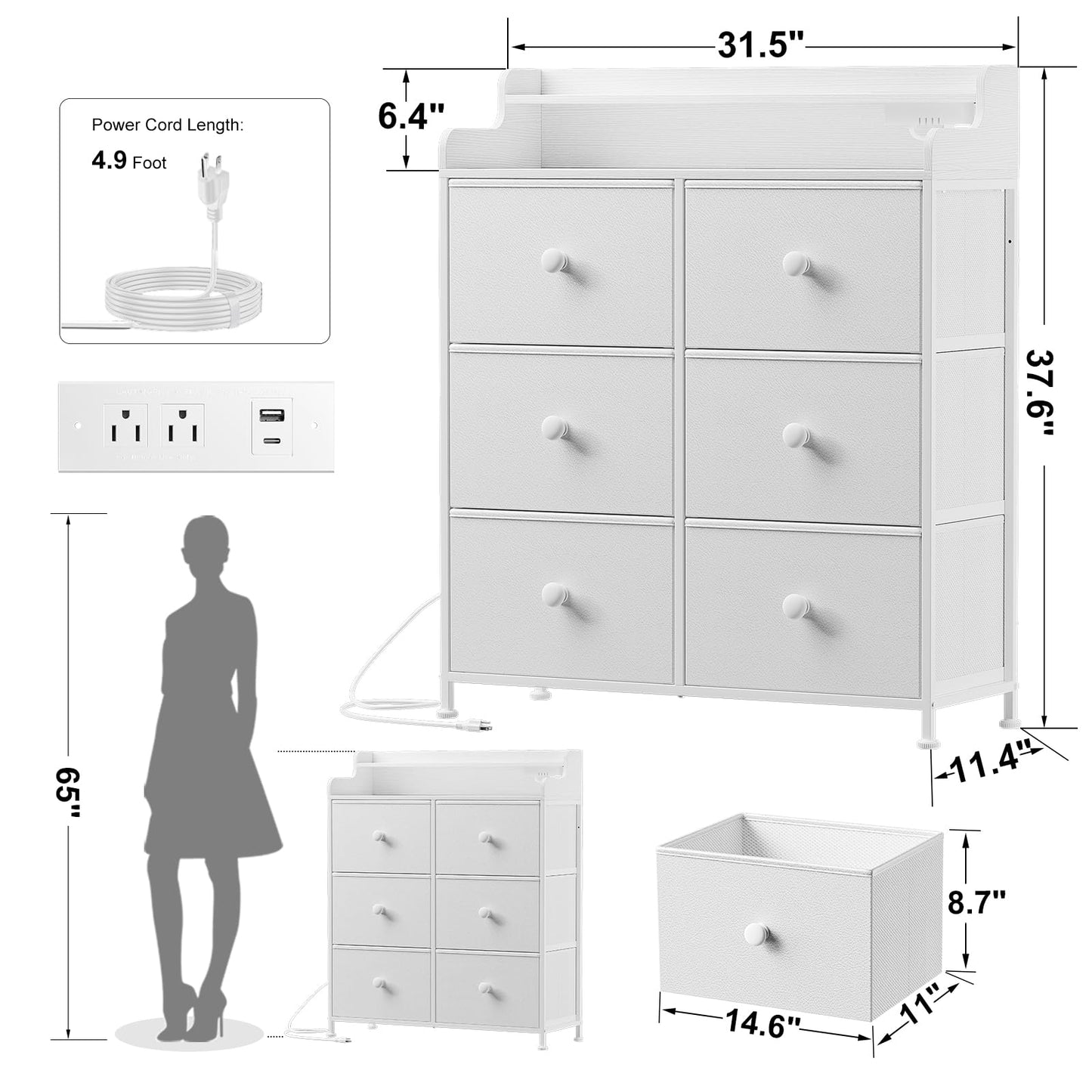 REAHOME Dresser for Bedroom with Charging Station and LED Lights, 6 Drawers Dresser TV Stand with Wooden Top, Tall Fabric Chest of Drawer with Sturdy Frame for Closet, Living Room, Hallway, White