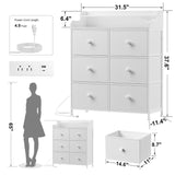REAHOME Dresser for Bedroom with Charging Station and LED Lights, 6 Drawers Dresser TV Stand with Wooden Top, Tall Fabric Chest of Drawer with Sturdy Frame for Closet, Living Room, Hallway, White REAHOME