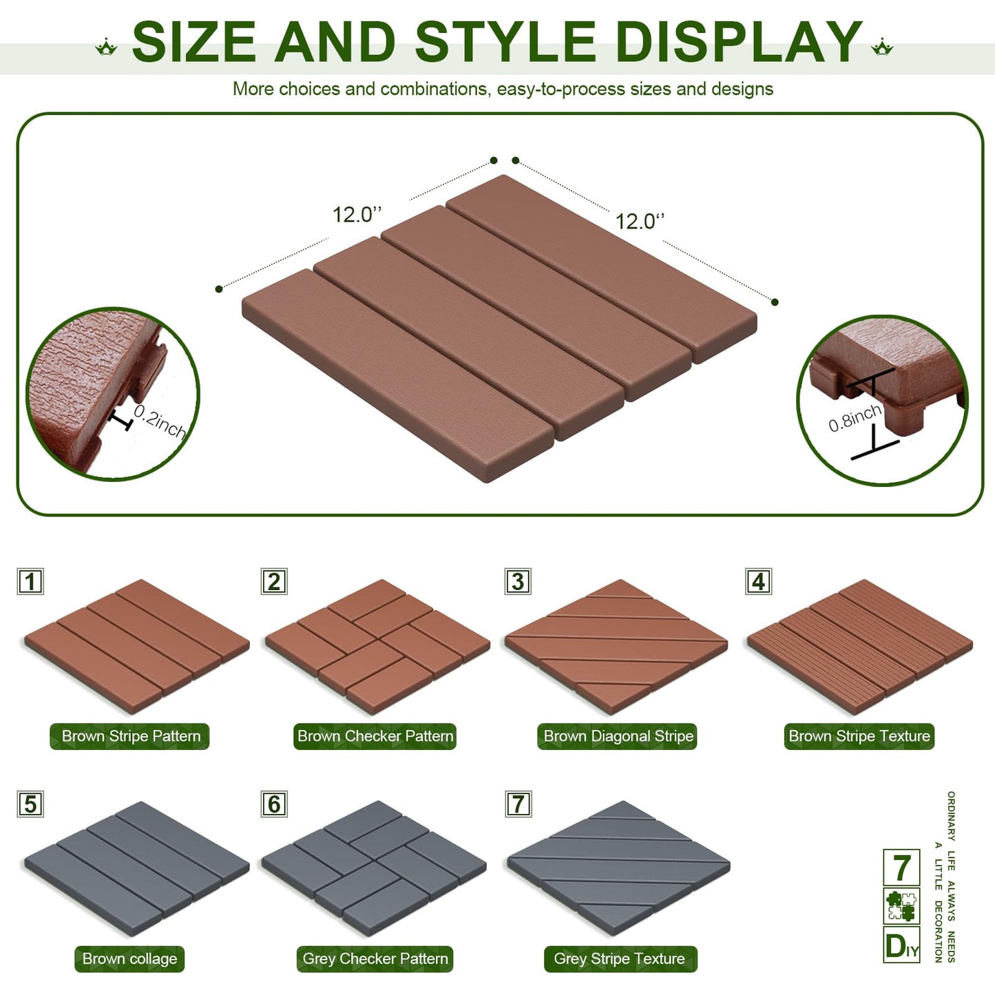 ROCKINGRUN 44 PCS Plastic Interlocking Deck Tiles-12 x12 Waterproof Outdoor Floor All Weather Use,Patio Floor Decking Tiles for Porch Poolside Balcony Backyard,Stripe Pattern,Brown