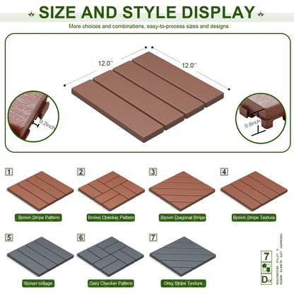 ROCKINGRUN 44 PCS Plastic Interlocking Deck Tiles-12 x12 Waterproof Outdoor Floor All Weather Use,Patio Floor Decking Tiles for Porch Poolside Balcony Backyard,Stripe Pattern,Brown