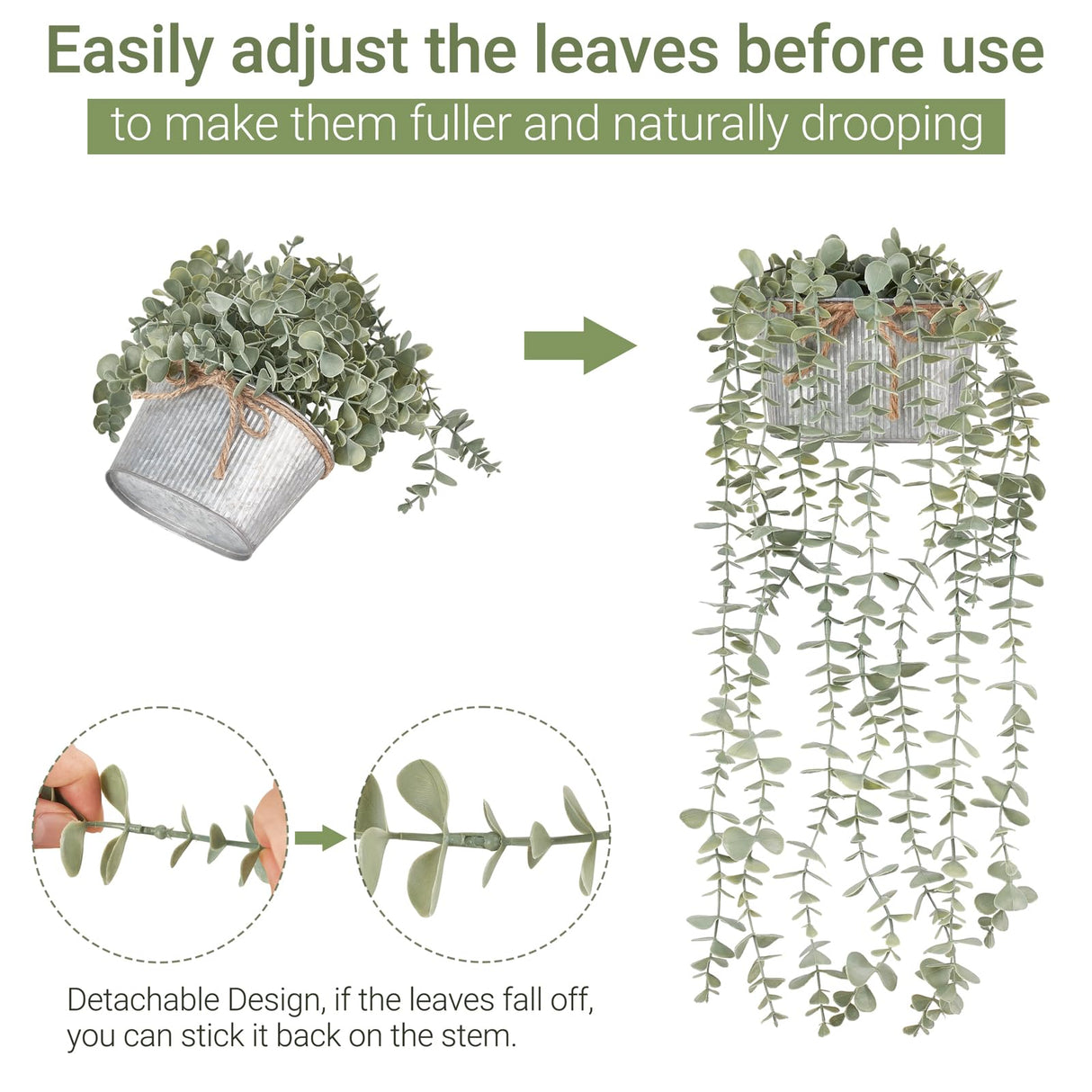 Mkono Fake Hanging Plants in Farmhouse Galvanized Pots Rustic Faux Potted Eucalyptus Greenery Indoor Artificial Plants for Book Shelf Mantel Living Room Bathroom Bedroom Home Office Decor Mkono