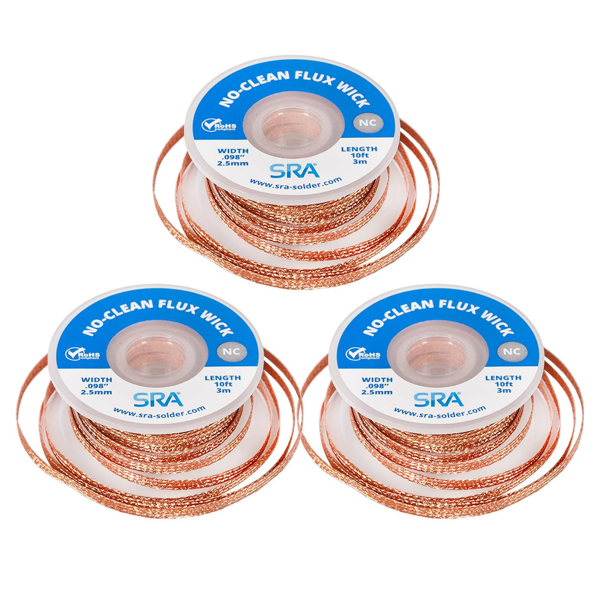 SRA Soldering Wick with Flat Woven Copper Desoldering Braid Strip and No Clean Flux for Easy Damage-Free Solder Removal - 3 Pack 10 Foot Solder Wick Spool SRA Soldering Products