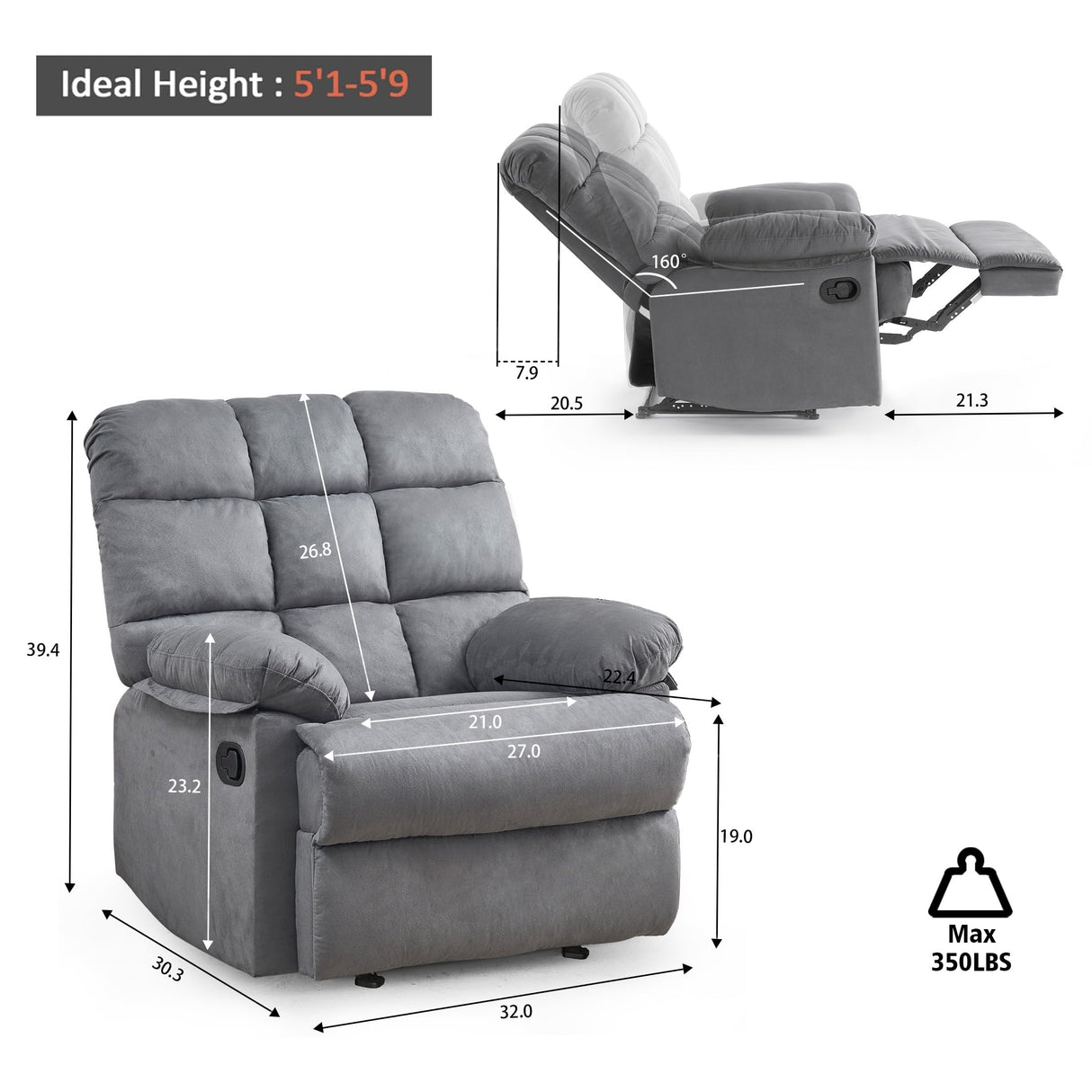Ketaiyou Rocker Recliner Chair, Overstuffed Large Manual Rocking Recliner for Adults, Upholstered Comfy Soft Fabric Living Room Reclining Sofa Chair(Gray) Ketaiyou