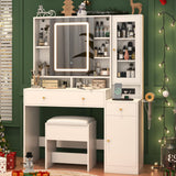 Vanity Desk with Lights & Sliding Mirror, Modern Vanity Makeup Mirror Desk with Charging Station 2 Drawers 2 Doors, Lots Storage Shelves, Large Vanity Set with Cushioned Stool for Girls & Women, White jiteentarou