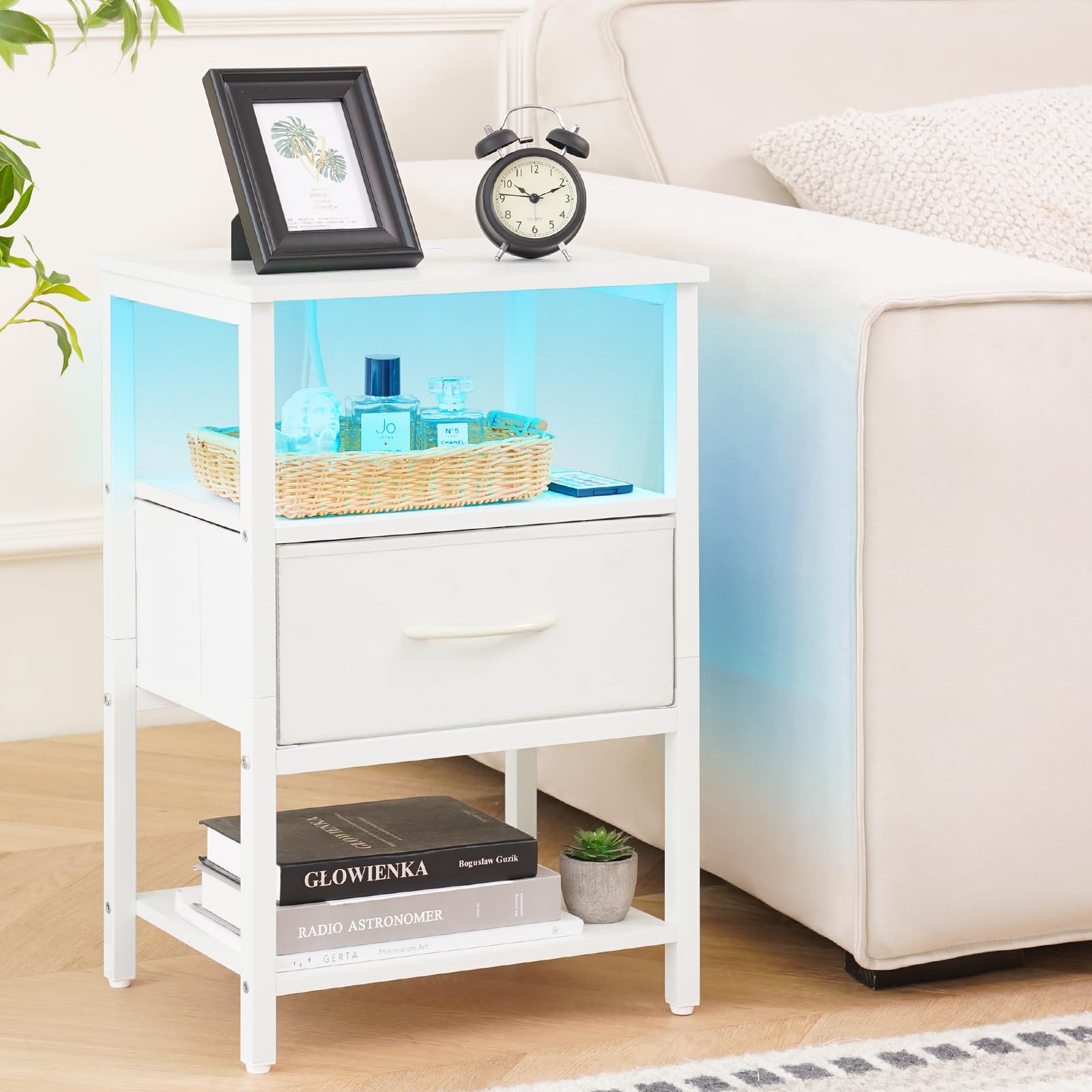 Yoobure White Night Stand with Charging Station, LED Nightstand for Bedroom, Bedside Tables with Adjustable Fabric Drawer, 3-Tier End Table Living Room, Small Side Table with Storage - WoodArtSupply