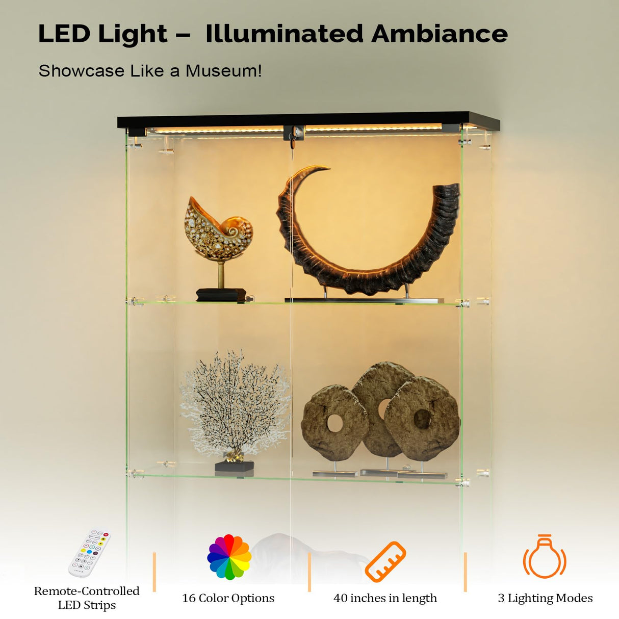 VINGLI Glass Display Cabinet with 3 Shelves, Double Doors and Lock, Floor Standing Curio Cabinets with LED Light, Upgraded Tempered Glass Bookshelf, for Living Room Living Room Bedroom Office, Black VINGLI