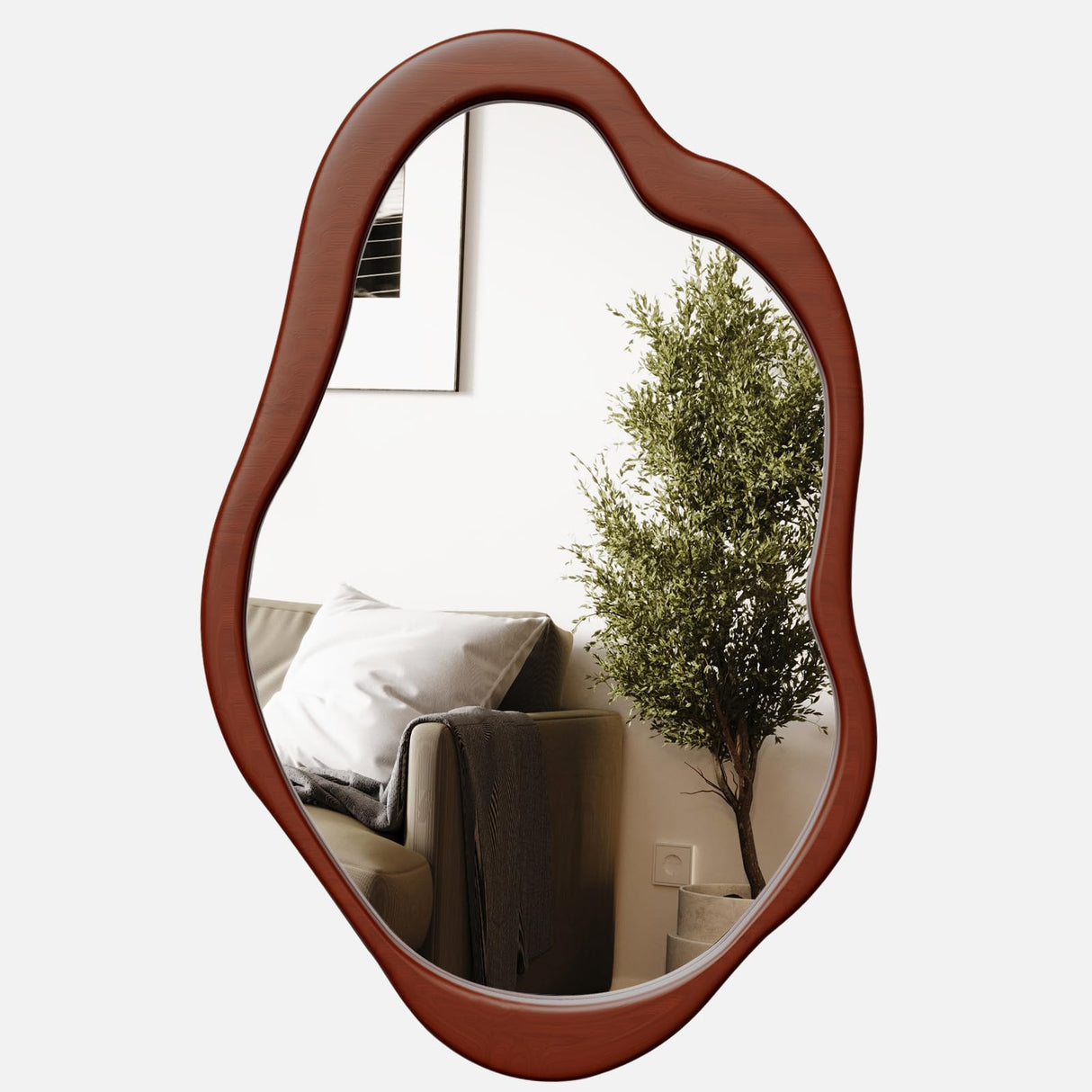 osemy 42"x 28" Irregular Wall Mirror, Walnut Wood Framed Wall Mirror, Asymmetrical Wall Wavy Mirror for Living Room Bedroom Entryway Bathroom Modern Decorative Cloud Mirror Hanging Hooks osemy