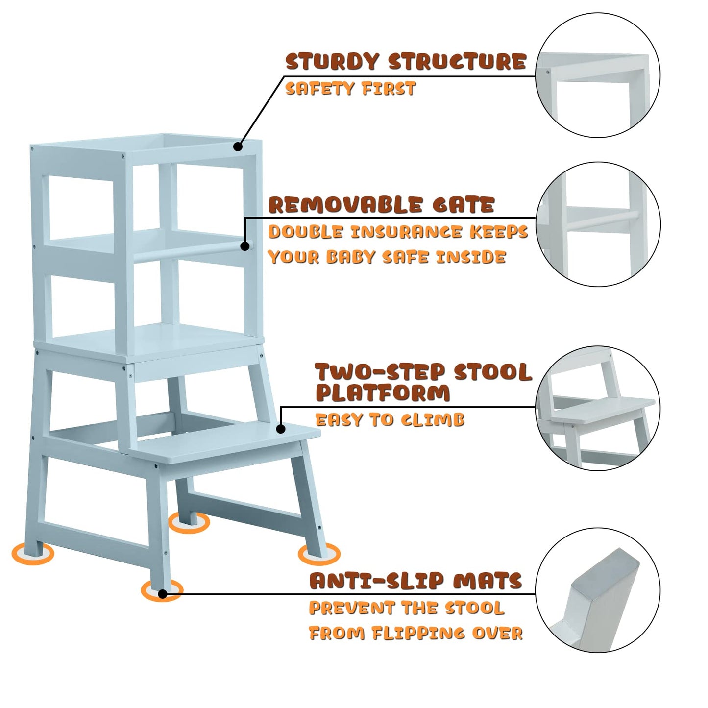 Kitchen Step Stool for Toddlers with Non-Slip Mat, WOOD CITY Wooden Kids Montessori Learning Stool Tower, Toddler Standing Tower Helper for Kitchen Counter and Bathroom Sink(Grey-Blue)