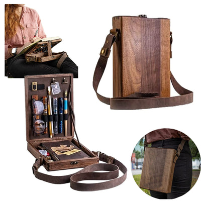 Writers Messenger Wood Box, Multifunctional Wooden Handmade Crossbody Postman Bag Portable Artist Tool Bag Painting Brush Tool Storage Sketch Box