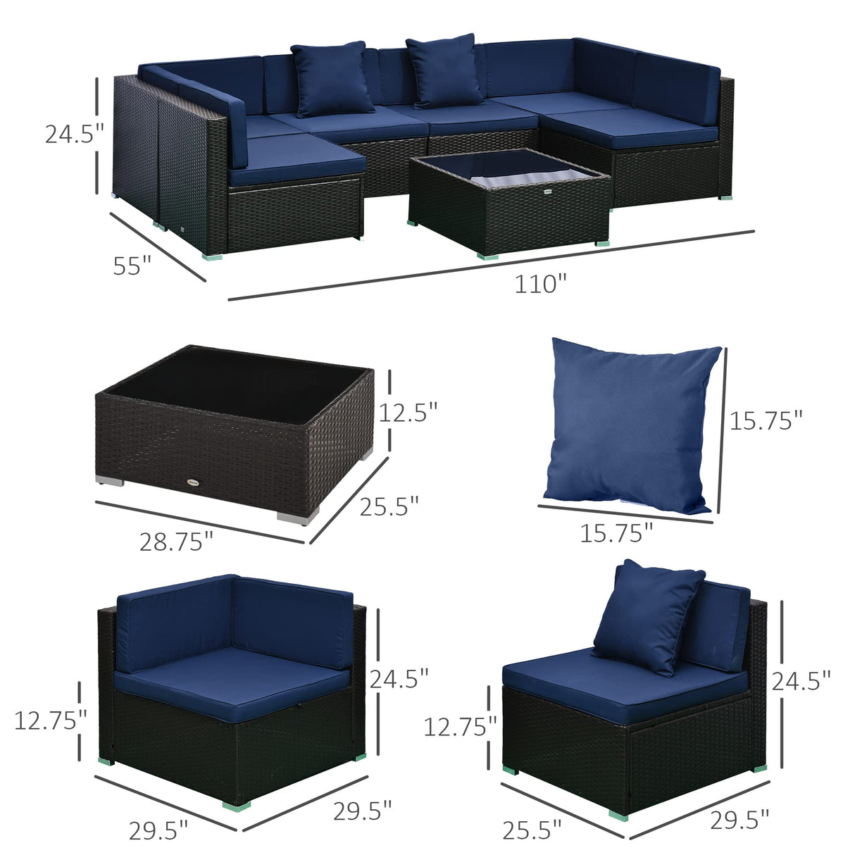Outsunny 7-Piece Patio Furniture Sets Outdoor Wicker Conversation Sets All Weather PE Rattan Sectional Sofa Set with Cushions & Tempered Glass Desktop, Dark Blue Outsunny