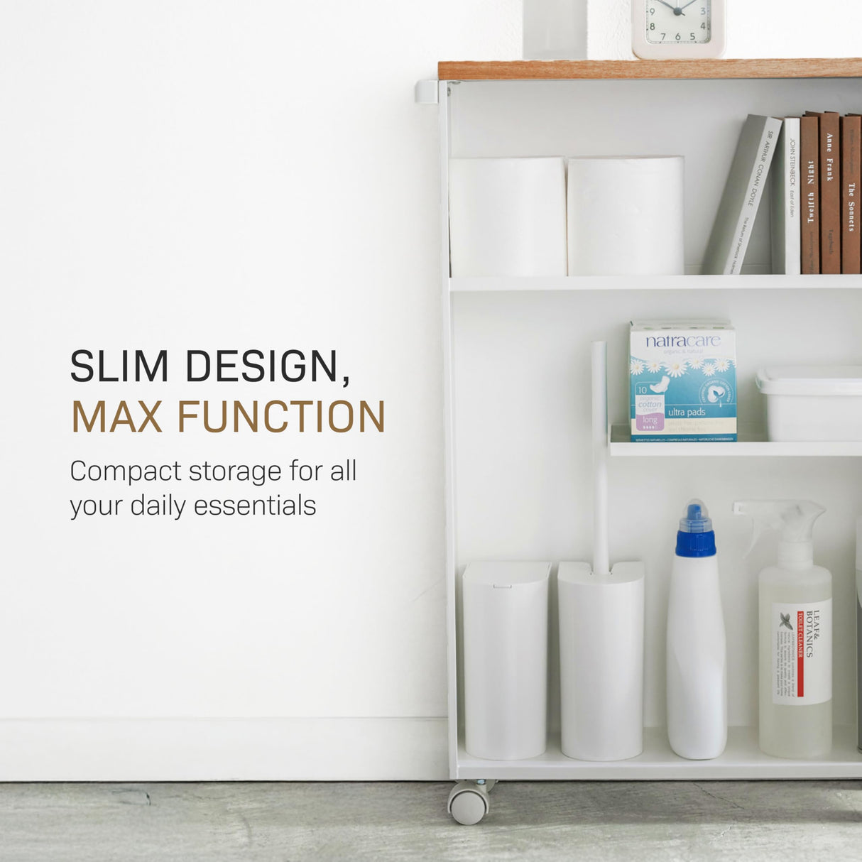 YAMAZAKI Home Slim Rolling Storage Cart – Narrow Bathroom Storage Cabinet with Handle, Slim Bathroom Storage Cart with Wheels, Easy Assembly, Steel + Wood, White YAMAZAKI